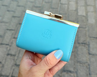 Portamonete donna Kiss Lock in pelle, portafoglio Kiss Lock