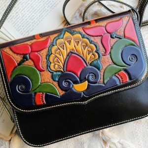 Embossed authentic Leather crossbody purse for women, women's tooled leather handbag, Crossbody leather bag, leather carving bag image 1