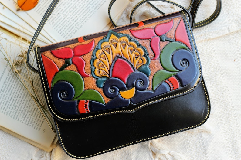 Embossed authentic Leather crossbody purse for women, women's tooled leather handbag, Crossbody leather bag, leather carving bag image 1