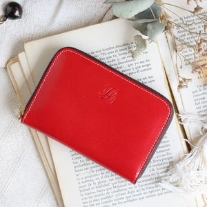Portafoglio con cerniera per donna, portafoglio per donna con cerniera, portafoglio medio in pelle, portafoglio in pelle, regali per lei, portafoglio in pelle Red