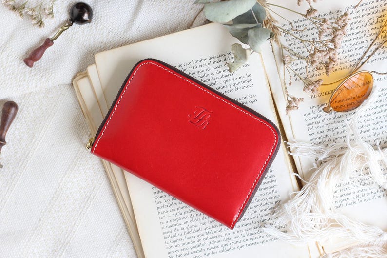 Portafoglio con cerniera per donna, portafoglio per donna con cerniera, portafoglio medio in pelle, portafoglio in pelle, regali per lei, portafoglio in pelle Red