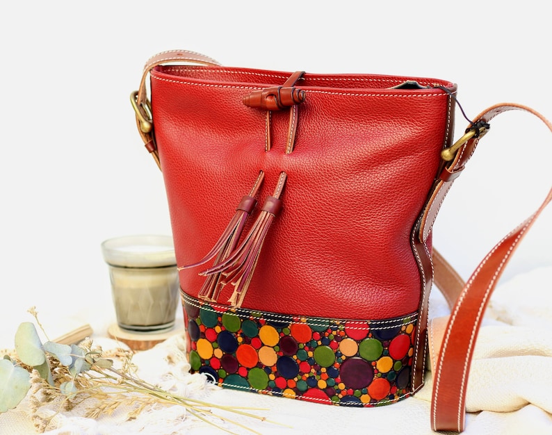 Leather bucket bag, Handmade Leather purse, Zipper handbag, Unique personalize bag, leather purse woman, genuine leather bag, bucket bag Red