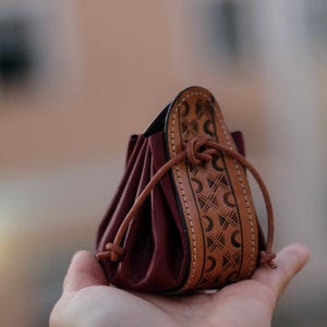 Leather Drawstring Pouch, Coin Pouch, Money Pouch, Coin Purse, Gift Bag, Drawstring Purse, Crystal Pouch, Leather Pouch, cash leather pouch Garnet