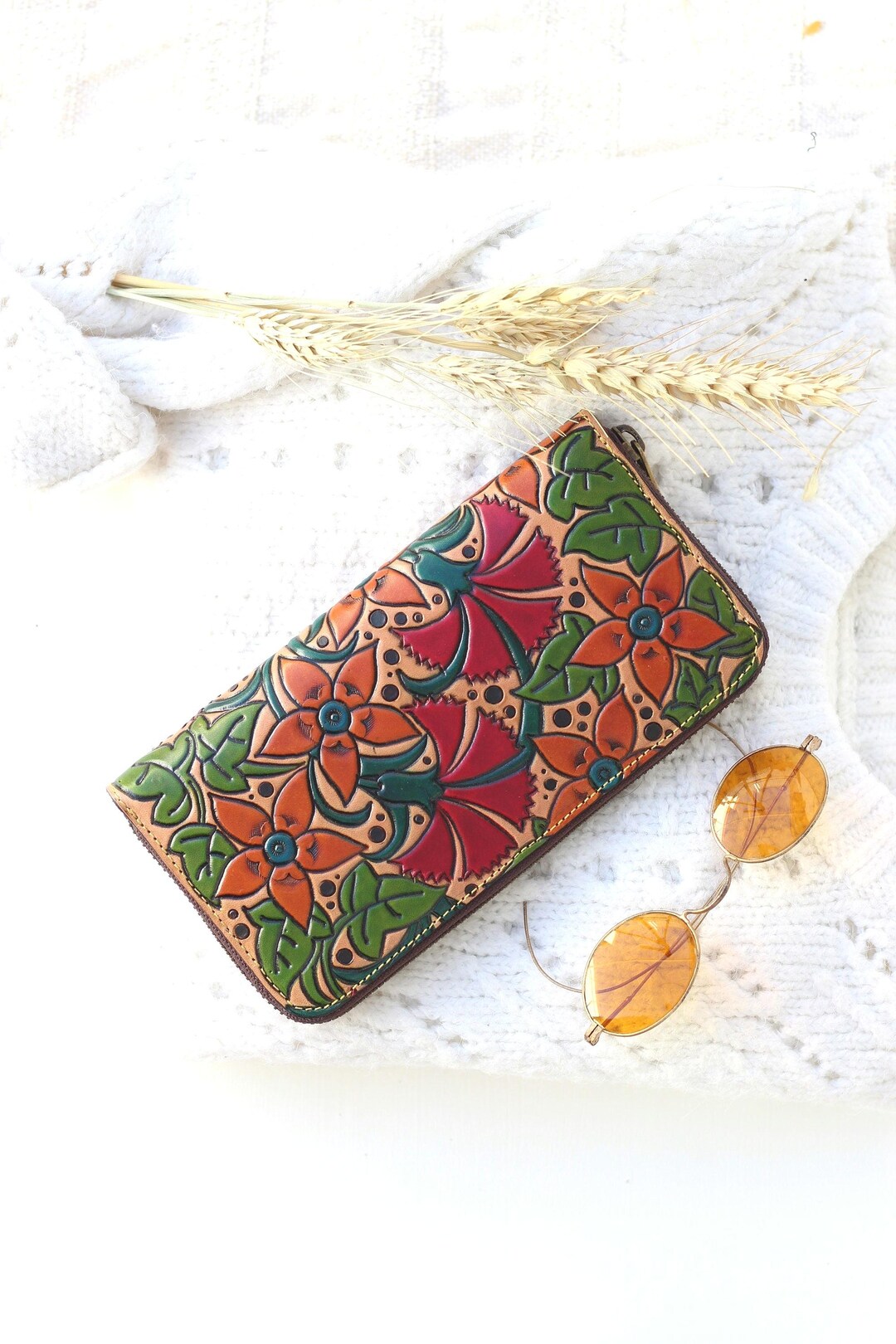 Floral Embossed Leather Zipper Wallet