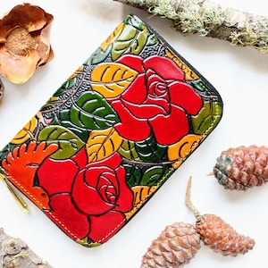 Floral Zip around wallet, leather wallet, floral tooled wallet, accordion leather wallet, wallets for women, wallet with coin purse