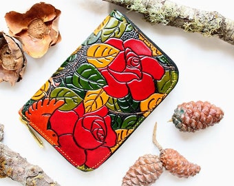 Floral Zip around wallet, leather wallet, floral tooled wallet, accordion leather wallet, wallets for women, wallet with coin purse
