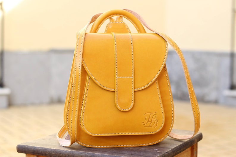 Yellow leather backpack purse for women, Hand made rucksack backpack, yellow Leather backpack for woman image 5