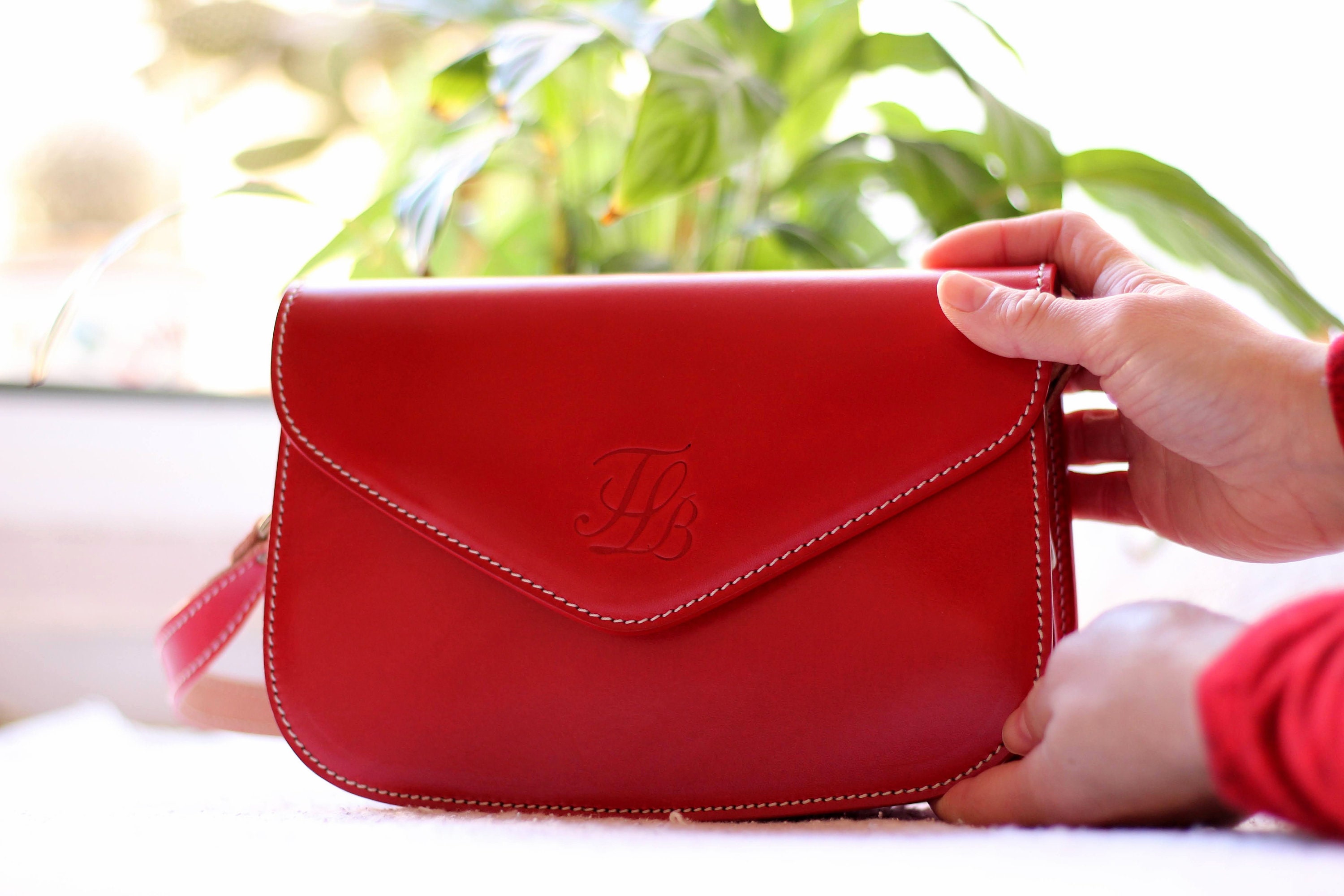 Red Leather Crossbody Purse for Women, Envelope Leather