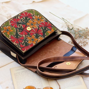 Printed floral bag for women, Vintage tooled Leather crossbody women's bag, unique saddle bag, embellished saddle bag , gifts for her image 4