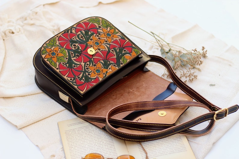 Printed floral bag for women, Vintage tooled Leather crossbody women's bag, unique saddle bag, embellished saddle bag , gifts for her image 4