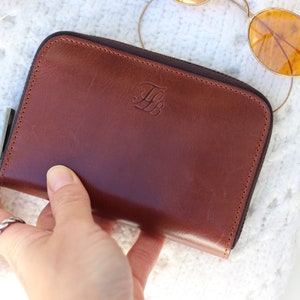 Portafoglio con cerniera per donna, portafoglio per donna con cerniera, portafoglio medio in pelle, portafoglio in pelle, regali per lei, portafoglio in pelle Brown