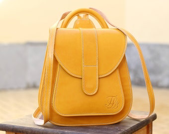 cute cheap leather backpacks Vintage Women's Coffee Brown Small Leather Knapsack 2 x Slot Pockets Yellow Mustard Leather Backpack Purse