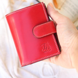 Mini brown leather wallet, small handmade leather wallet for women for men, billfold leather wallet with coin pocket, leather goods for her Red