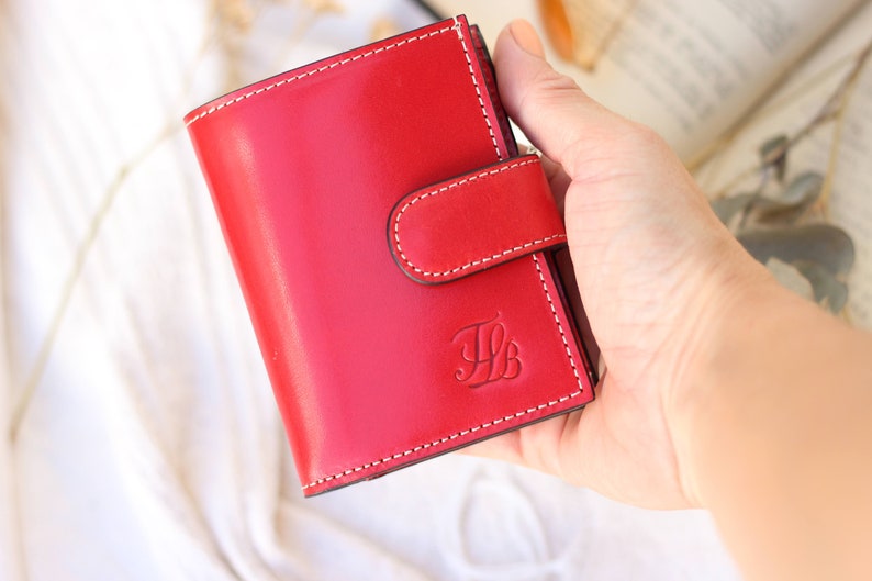 Mini brown leather wallet, small handmade leather wallet for women for men, billfold leather wallet with coin pocket, leather goods for her Red