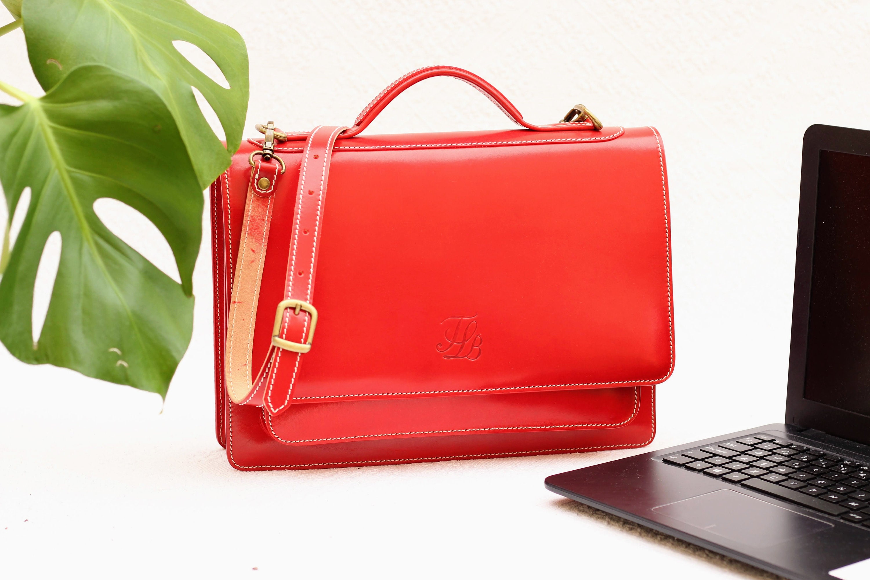 Red Leather laptop bag with shoulder strap small Leather Etsy
