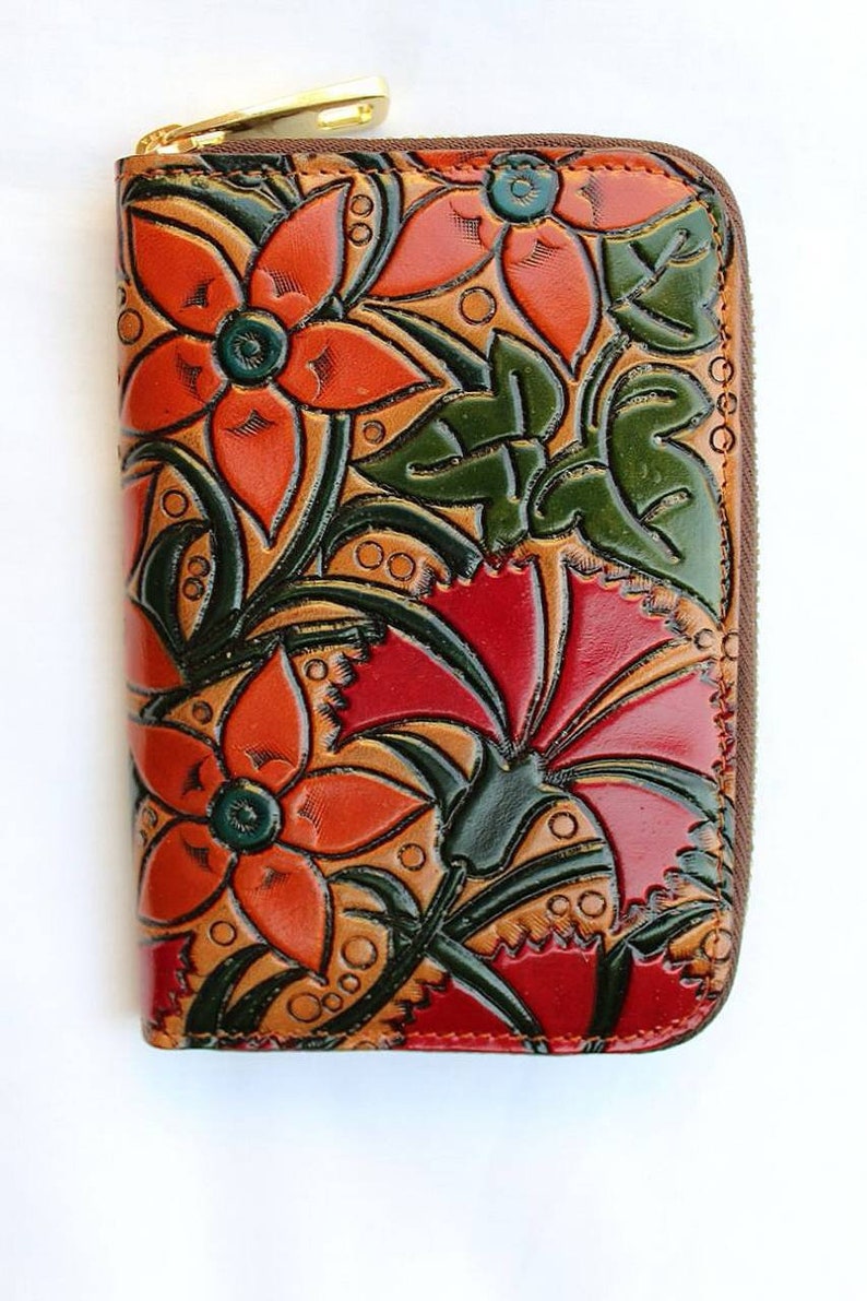 Floral zipper leather women's wallet, Zip Around leather wallet for women, Leather goods for women, handmade wallet, birthday gift for her image 9