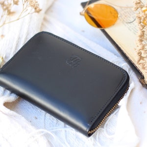 Portafoglio con cerniera per donna, portafoglio per donna con cerniera, portafoglio medio in pelle, portafoglio in pelle, regali per lei, portafoglio in pelle Black