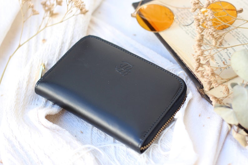 Portafoglio con cerniera per donna, portafoglio per donna con cerniera, portafoglio medio in pelle, portafoglio in pelle, regali per lei, portafoglio in pelle Black