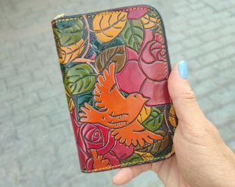 Handmade zippered leather wallet, Floral embossed zipper leather women's wallets, artisan leather wallet, Modern Boho wallets, womens wallet