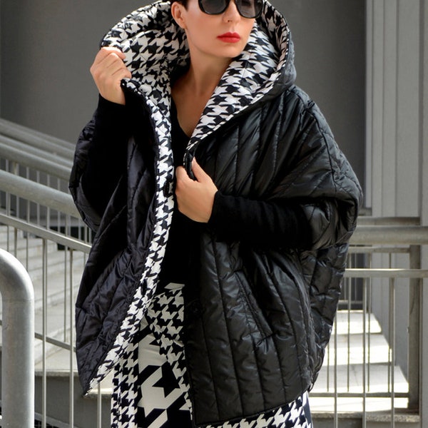 Women JACKET/ oversize hooded jacket black and white