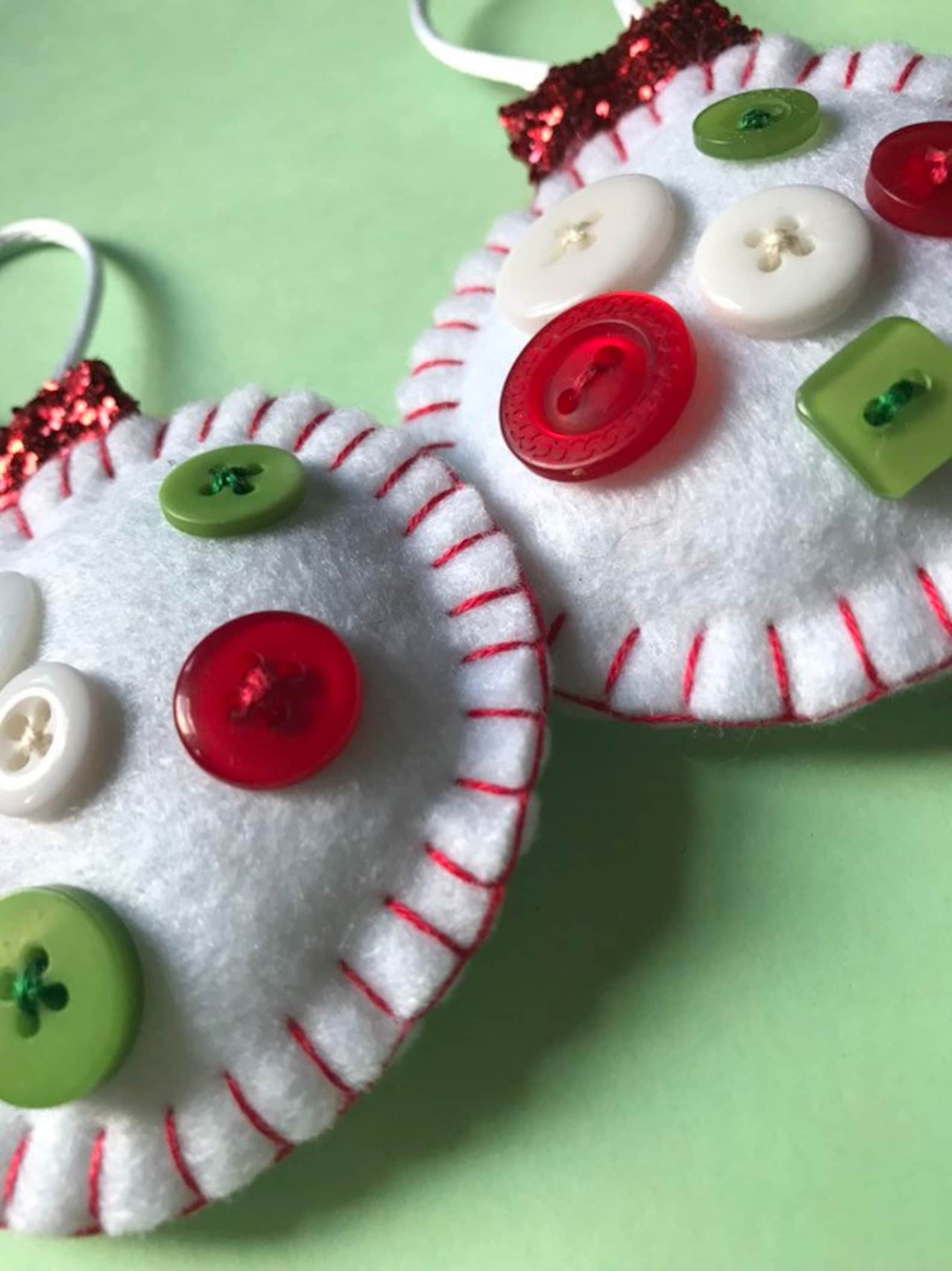 Christmas Bauble Decorations Felt and Button, With Glitter Top Handmade