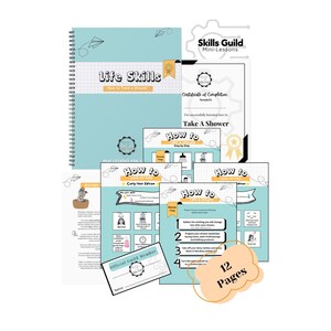 May include: A light blue spiral-bound notebook and several instructional sheets titled "Life Skills: How to Take a Shower." The set includes a certificate, a membership card, and a "How To" guide with 12 pages.