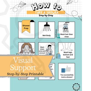 Puede incluir: Una guía paso a paso titulada "Cómo ducharse". El imprimible presenta instrucciones ilustradas, que incluyen "Preparación de la ducha", "Mojar el cuerpo", "Lavar el cabello y luego enjuagar" y "Lavar las piernas, la parte inferior y los pies".