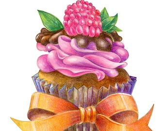 Raspberry cake, chocolate with cream, digital art, drawing with colored pencils, dessert, cooking in the kitchen, drawing by Yuri Bohatyrev