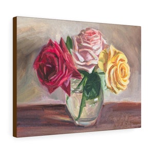 Oil painting on canvas: three roses in a vase - red, pink, and yellow. Large brushstroke painting, interior floral still life