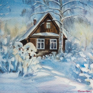 Carte postale folklorique Cabane ukrainienne en hiver, art numérique, peinte à la main, aquarelle, illustration, europa, cabane de maison, slave, Ukraine, village
