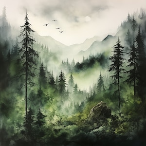 Könnte beinhalten: Aquarellmalerei einer nebligen Waldszene. Hohe Nadelbäume dominieren den Vordergrund, mit Baumschichten, die sich in die Ferne erstrecken. Die Szene ist in Grün- und Grautönen gehalten, mit ein paar Vögeln im Flug.