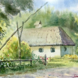 Cartão postal folclórico Cabana ucraniana, arte digital, pintado à mão, aquarela, ilustração, país, europa, cabana de casa, eslavo, Ucrânia, aldeia