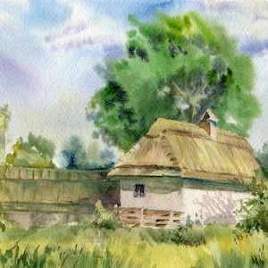 Carte postale folklorique Hutte ukrainienne, art numérique, peinte à la main, aquarelle, illustration, pays, europa, maison hutte, slave, Ukraine, village
