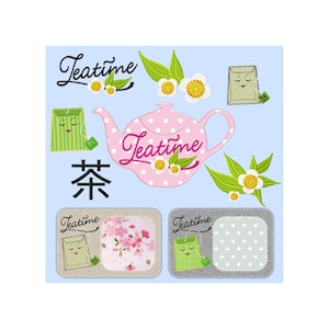 Puede incluir: Una tetera rosa con lunares blancos y la palabra "Teatime" escrita en ella. Hay dos bolsitas de té con caras, una verde y una gris, y un diseño de hoja de té. La palabra "Teatime" está escrita en cursiva en la esquina superior izquierda de la imagen. La palabra "Té" está escrita en caracteres chinos negros en el centro de la imagen.