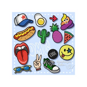 May include: A set of colorful iron-on patches featuring various designs, including a hot dog, a cactus, a pineapple, a watermelon slice, a smiley face, a tongue sticking out, a peace sign, a sneaker, a fried egg, a baseball cap, a poop emoji, and an arrow. The text "OMG" and "COOL" are also included.