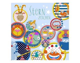 May include: A colourful illustration of the 12 zodiac signs, each depicted as a cartoon animal in a circle with a blue background. The text "Sternzeichen" is written in the centre of the image.