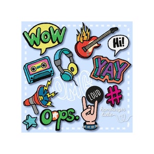 Pode incluir: Uma coleção de patches bordados coloridos com vários desenhos, incluindo uma fita cassete, fones de ouvido, um megafone, uma mão com um sinal de rock and roll, uma guitarra e palavras como "Wow", "Yay", "Loud", "Oops", "Hi" e "#hamburgerliebe".