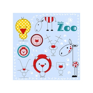 Könnte beinhalten: Ein blauer Hintergrund mit weißen geschwungenen Linien und Pfotenabdrücken. Der Text "Hello Zoo" ist in roten und grünen Buchstaben. Es gibt Comic-Tiere in Rot, Gelb und Blau mit schwarzen Umrissen. Zu den Tieren gehören ein Küken, ein Pferd, ein Bär, ein Rentier, eine Giraffe, ein Löwe, ein Kaninchen und ein Bär.