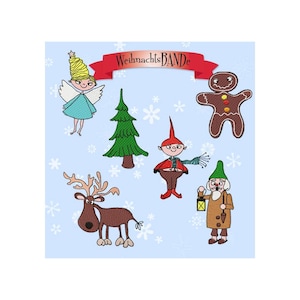 May include: A set of Christmas-themed illustrations featuring a gingerbread man, a reindeer, a Christmas tree, an elf, and an angel. The illustrations are in a cartoon style and are set against a light blue background with snowflakes.