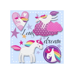 May include: A blue background with a white dashed border features four unicorn appliques. The unicorns are white with pink, purple, and rainbow accents. The text "Lenis dream" is written in cursive on the background.