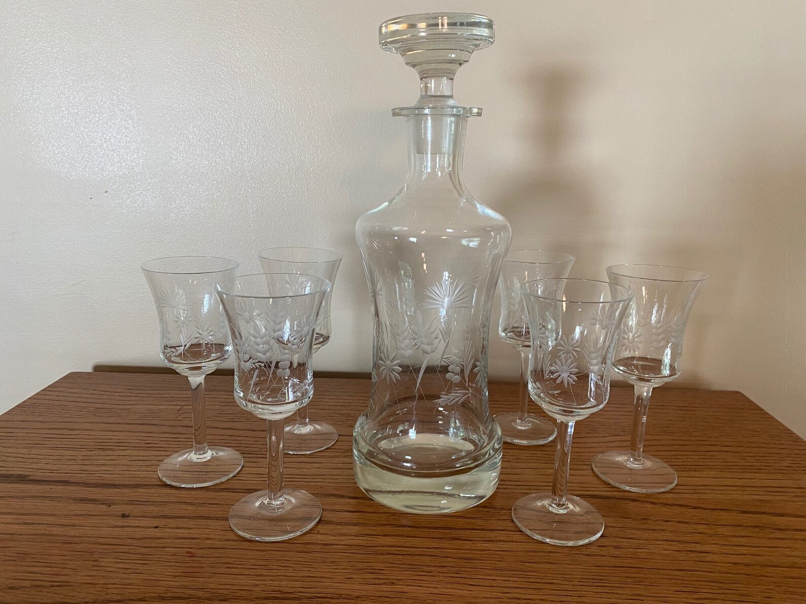 Romanian Vintage Etched Crystal Decanter and Six Wine Glasses Etsy