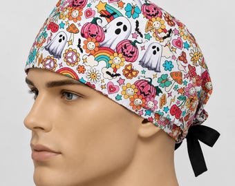 Halloween Scrub Cap, Colorful Ghost & Pumpkin Surgical Cap, Classic Tie Back Nurse Hat, Funny Medical Cap for Nurses Doctors