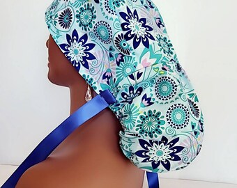 Ponytail scrub caps, Blue/Green flowers scrub cap buttons, Nurse Cap Surgical Caps. Long hair scrub hat. RN/MD/CNA
