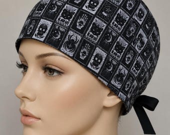 Halloween Scrub Cap/Black & white, gothic, spooky, tarot/occult-inspired/Handmade Tie Back Surgical Hat for short hairs. Witchy scrub cap