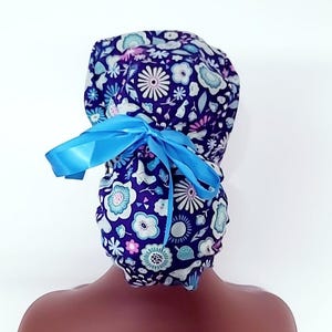flower ponytail scrub hats, scrub hat for women, ponytail scrub cap, scrub hat for long hair, blue cotton medical cap, colorful nurse hat.