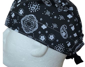 Handmade Paisley Scrub Cap: Black/White, Tie-Back Surgical Hat