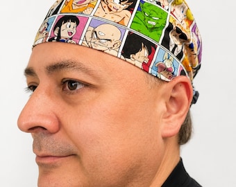 Anime Manga Men Scrub Cap, Colorful Cotton Surgical Hat, Adjustable Tie Back Medical Cap