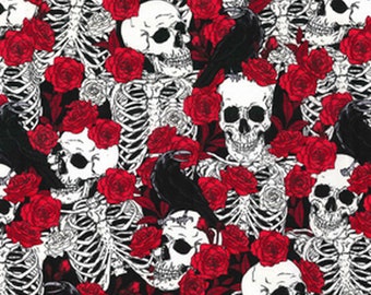 Tissu en coton fantaisie têtes de mort et roses rouges / 100 % coton / Tissu d'automne / Tissu saisonnier / Impressions coton d'Halloween