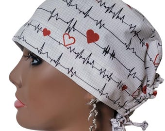 Cardiology Scrub Cap: White Cotton Tie-Back Surgical Hat