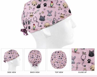 Pink Veterinary Scrub Cap, Vet Tech Surgical Hat, Animal Print Scrub Cap, Unisex Tie Back Medical Cap Handmade Cotton